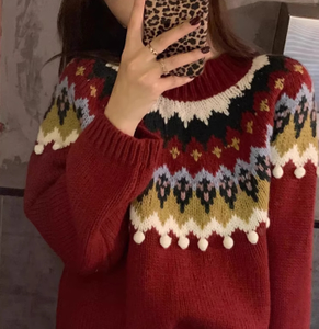Vintage Jacquard Red Nollag geansa&iacute;